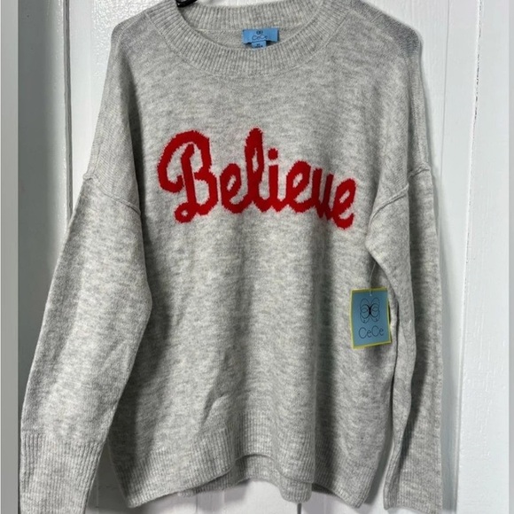 NWT CeCe Believe Script Long Sleeve Cozy oversized Crewneck sweater M - Picture 1 of 1